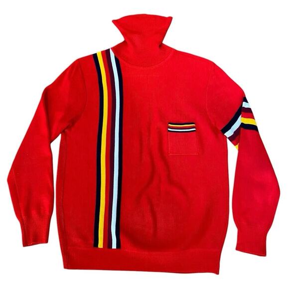 Vintage 60s Mod Red Striped Acrylic Turtleneck Ski Sweater Men’s Size S - Picture 1 of 13